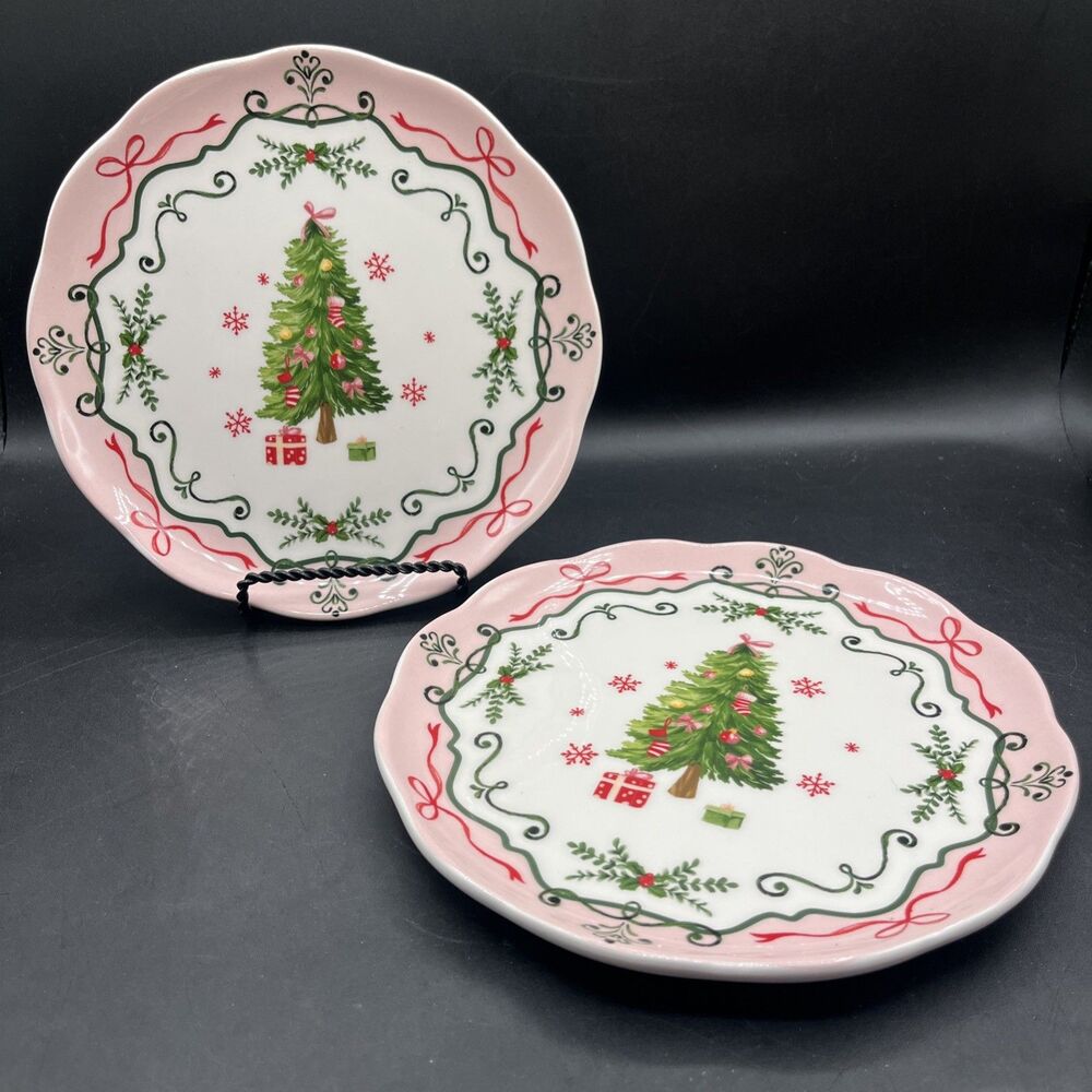 2 Potter's Studio CHRISTMAS TREE PINK Salad Plates 8.75" Ceramic Bows BEAUTIFUL